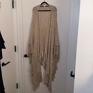 Free People Vintage Ivory Crochet Fringe Shawl Wrap